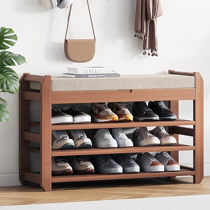27.6" Bamboo Shoe Bench with Cushion, 3-Tier Adjustable Storage Bench for Entryway, Heavy Duty Shoe Rack Organizer with Removable Soft Cushion for Living Room Bedroom Hallway