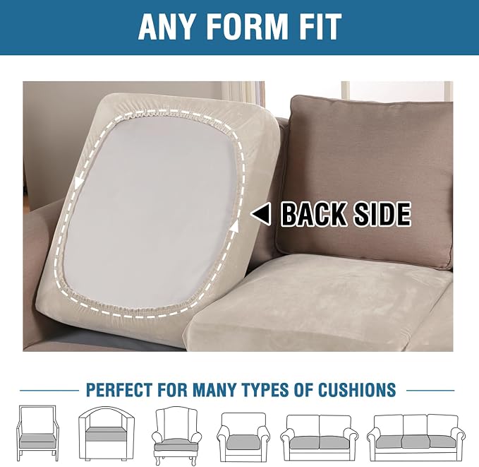 H.VERSAILTEX Velvet Stretch Couch Cushion Cover Plush Cushion Slipcover for Chair Loveseat Sofa Cushion Furniture Protector Seat Cushion Sofa Cover (2 Piece Medium Sofa Cushion Covers, Ivory)