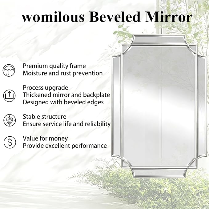 Geometric Beveled Mirror, 47" x 24" Silver Art Deco Mirror with Silver Wood Frame, Large Rectangle Accent Wall Mirror for Entryway Bathroom Living Room Bedroom, Horizontal/Vertical Hanging