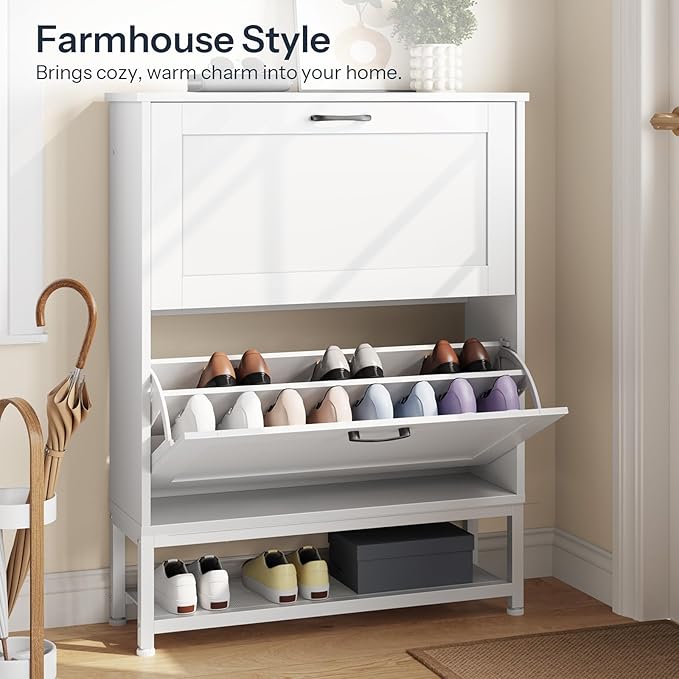 HOOBRO Shoe Cabinet, Narrow Shoe Storage Cabinet with 2 Flip Drawers, Hidden Shoe Rack with Adjustable Divider and Metal Legs, Space-Saving for Entryway, Hallway, White WT21SC01