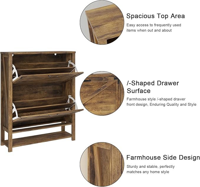 Vabches Shoe Storage Cabinet, Farmhouse Freestanding Organizer with 2 Flip Drawers, Wooden Hidden Narrow Slim Shoe Rack Cabinet for Entryway, Hallway, Foyer, Brown