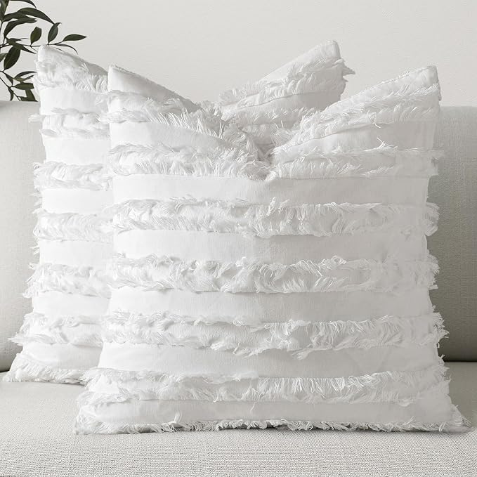MIULEE Set of 2 Decorative Boho Throw Pillow Covers Spring Linen Striped Jacquard Pattern Cushion Covers for Sofa Couch Living Room Bedroom 20x20 Inch White