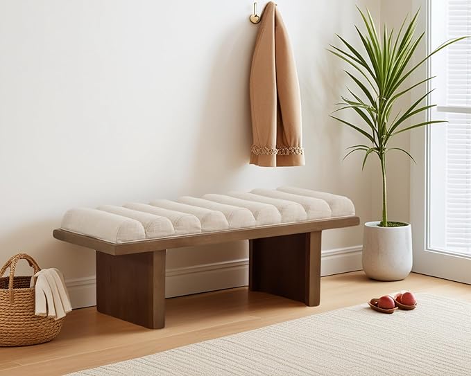 CIMOTA Modern Bedroom Bench, 47 Inch Upholstered End of Bed Bench Padded Entryway Bench with Cylindrical Cushion/Wood Legs, Wooden Window Bench for Living Room/Hallway, Linen Beige