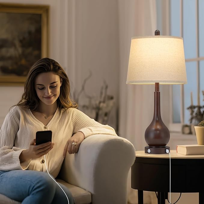 26" Brown Table Lamps Set of 2, Touch Control Bedside Lamps for Bedroom Nightstand, 3-Way Dimmable Farmhouse Lamp for Living Room with Charging Port (2 LED Bulbs Included)