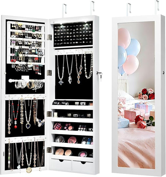 NAFORT 15 LEDs Lockable Mirror Jewelry Armoire Organizer, Christmas Gift Wall Door Mounted Storage Cabinet with Full-Length Mirror, Folding Tray,5 Storage Shelves (White, 3.8" D x 14.6" W x 43.3" H)