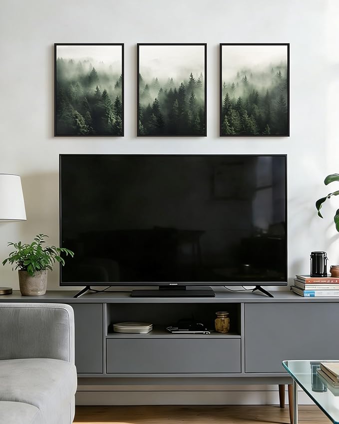 PHOPAGO Green Fog Pine Tree Framed Wall Art Nature Misty Nordic Forests Artwork Morden Paints for Kitchen Hallway Decor - 11x14in Black Framed
