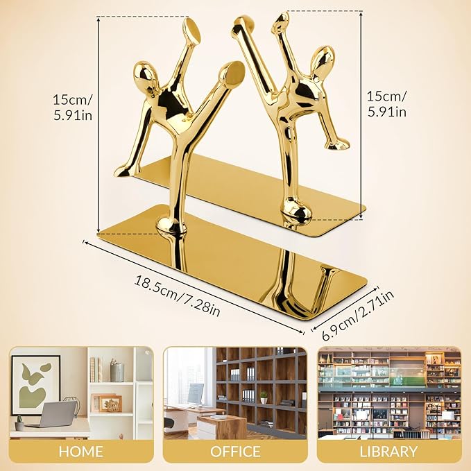 Gold Bookends for Heavy Books - Golden Kicking Leg Man Book Ends for Shelves Decorative, Stainless Steel Book Stopper with Anti-Slip Foam Bottom for Bookshelf Desk Office Home Decor - 1 Pair