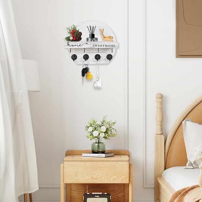 Key Holder for Wall, Key and Mail Holder Organizer - Key Holder Wall Mount with Bouquet Shelf and Key Hooks, Round Wooden Rustic Key Rack for Entryway and Home Decor (Pale White)