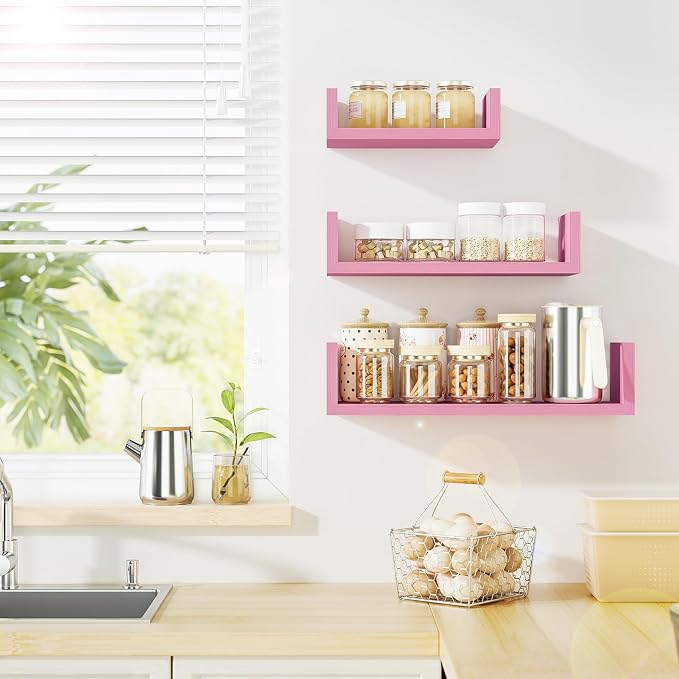 SRIWATANA Floating Shelves Wall Mounted, Solid Wood Wall Shelves, Pink