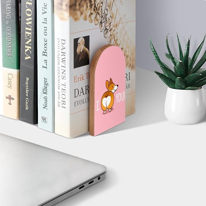 Corgi I Love You Book Ends Decorative Wood Bookends for Shelves Kids Room Desk Home Office Book Stoppers for Magazines,Books, DVDs, 1 Pair/2 Pieces(5x3.1 in)