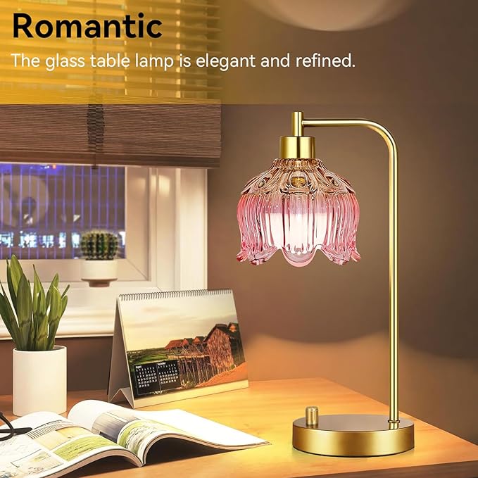 ILLMTW Pink Table Lamp Set of 2,Small Gold Bedside Lamps Dimmable Boho Bedroom Lamp with Tulip Flower Glass Lamp Shade,Vintage Mid Century Modern Mini Nightstand Lamp for Bedroom Living Room