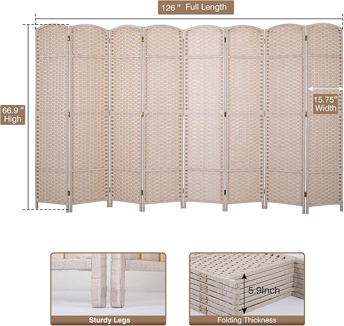 Room Divider 8 Panel 5.6 FT Tall Privacy Screen Waterproof Wood Frame Partition Room Dividers and Folding Privacy Screens Freestanding Wall Divider Indoor and Outdoor for Portable Room Separation