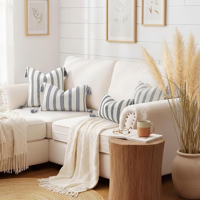 Smile Bee Boho Outdoor Couch Throw Pillow Covers Set of 2, Decorative Lumbar Thick Woven Striped Accent Neutral Pillow Covers with Tassels for Bed Sofa Home Decor, 12x20 Inch, Black and Cream White