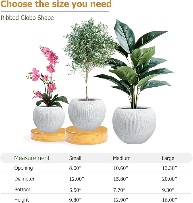 KUTE NEST 16" H x 20" D Premium Ribbed Globo Fiberstone Round Planter with Drainage Hole, Weather Resistant for Indoor and Outdoor Use, Included 2 Extra Coco Mats (Speckled White, 13.5" Pot Opening)