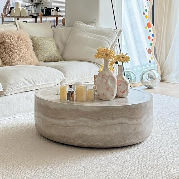 WILLIAMSPACE 39.37'' Round Coffee Table in Faux Marble, Modern Circle Fiberglass Drum Stone Center Table Side Table Tea Table for Living Room, No Need Assembly (Mars Pattern)