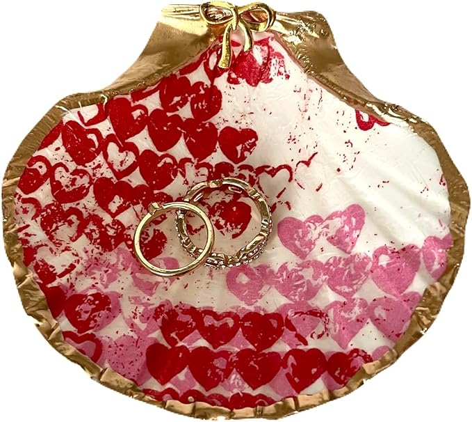 Distressed Hearts Love Trinket Gifts for Women Girls, Handmade Home Decor 3.5" Organic Shell Jewelry Tray Ring Storage Dish, Birthday Bridal Wedding Valentines Mothers Day Best Mom Graduation Gifts
