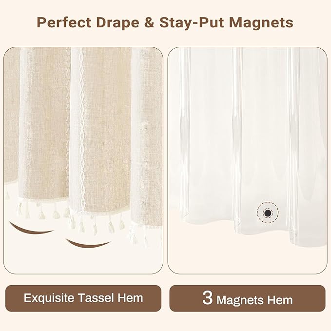 BTTN 3 in 1 Shower Curtain with Liner, 80 Inch Long Boho Linen Striped Cloth Shower Curtain Set with Hook, Large Modern Farmhouse Bohemian Waterproof Shower Curtain for Bathroom, Cream/Beige, 72x80