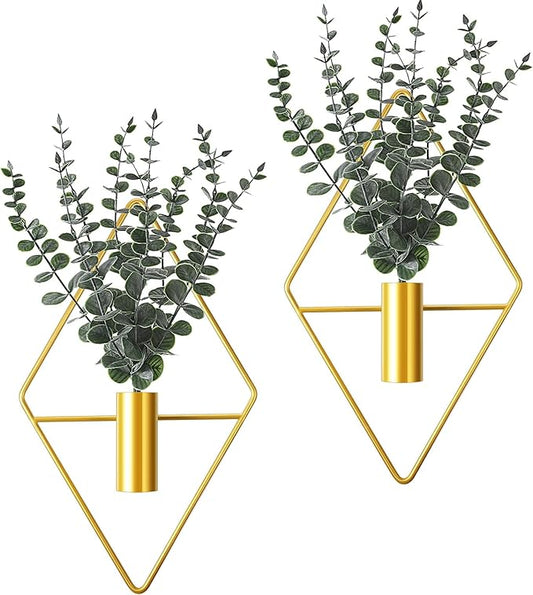Jexine 4 Pcs Hanging Planters with Artificial Eucalyptus Metal Hanging Vase Indoor Plants Holder Modern Geometric Boho Bathroom Wall Decor for Living Room Home Office (Eucalyptus,Gold)