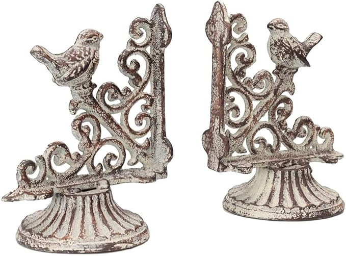 Vintage Book Ends for Heavy Books, Farmhouse Decorative Bookends for Shelves with Non-Skid Base, Antique White Finish for Home Office, 1 Pair
