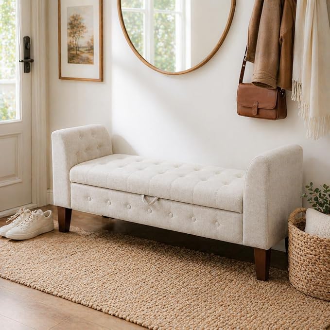 Awonde Upholstered Storage Bench with Arms Ottoman Bench for Bedroom Entryway Living Room Khaki