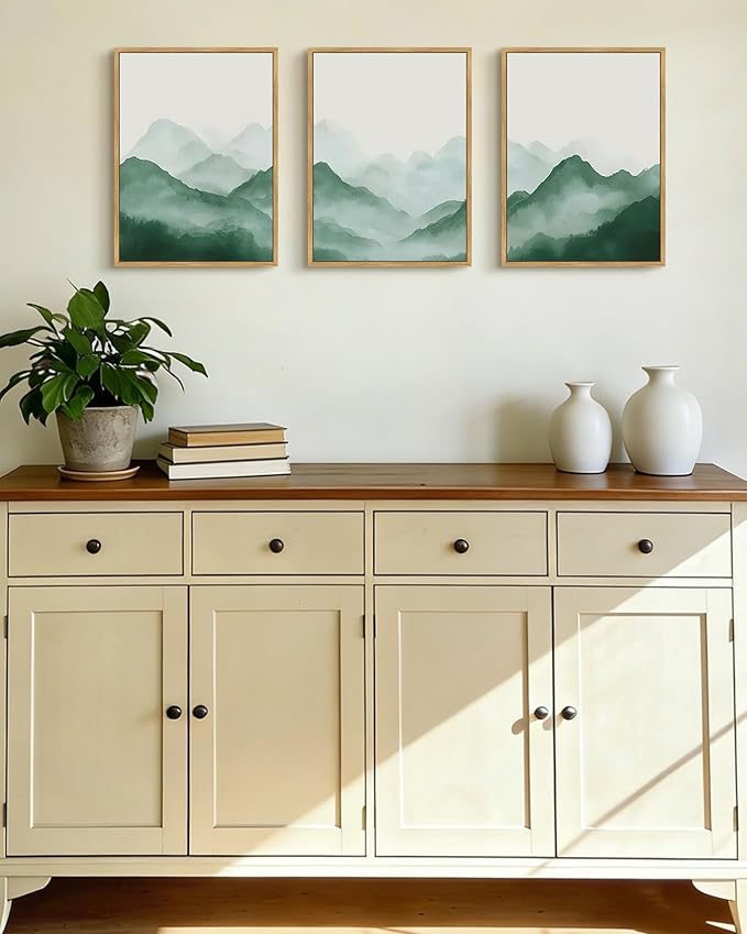 PHOPAGO Green Watercolor Fog Mountains Framed Wall Art Vintage Nature Landscape Artwork Paints Boho Rustic Scenic Room Decor for Bathroom Kitchen - 11x14in Natural Framed