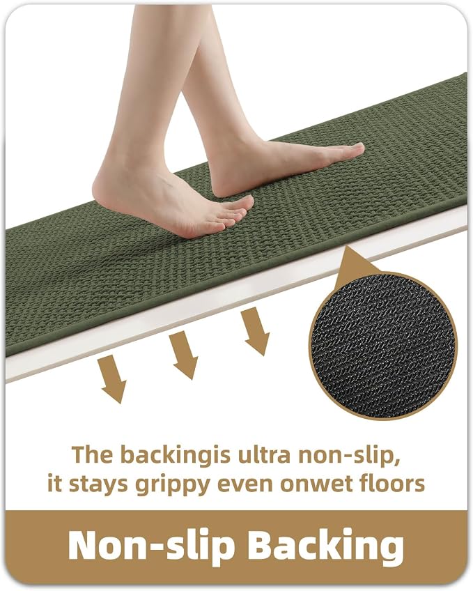 Color&Geometry Rubber Backed Waffle Bath Mat 36x24, Non Slip Water Washable Bathroom Rugs, Soft Absorbent Chenille Boho Carpet for Bathroom Floor, Tub and Shower, Green