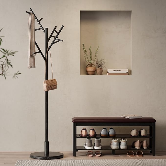 Muwuele Coat Rack, Solid Wood Coat Rack Freestanding with 12 Hooks, Coat tree freestanding 3 Adjustable Heights for coat, Hats, Handbags， Coat Stand for Entryway, Bedroom (Black)