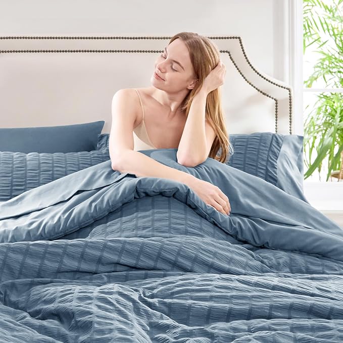 CozyLux Oversized Queen Comforter Set Grayish Blue Seersucker 7 Pieces 98x98 Bed in a Bag Comforter Set with Sheets, Dusty Blue Bedding Set with Down Alternative Comforter, Sheets, Pillowcases & Shams