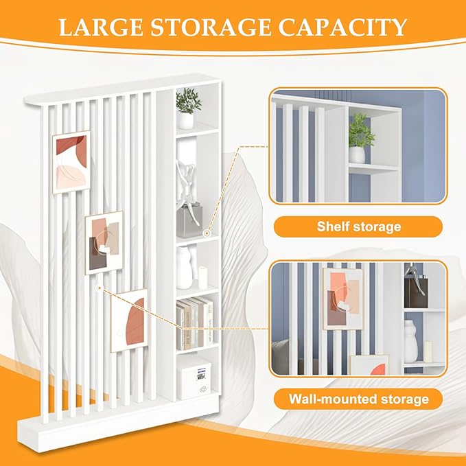 Wall Room Divider, Freestanding Wood Room Divider Shelf with Shelves, Divider Screen Separator Screen with Storage, Wall Divider for Room Separation, for Home Office Decorative(White,31.4IN)