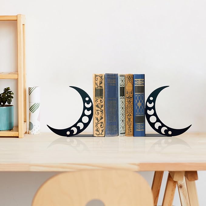 Moon Bookends Moon Phase Metal Decor Moon Book Ends for Shelves Bookshelf Decorative Objects Home Office Desk Bookshelf Decor Nice Gifts for Moon Phase Lovers