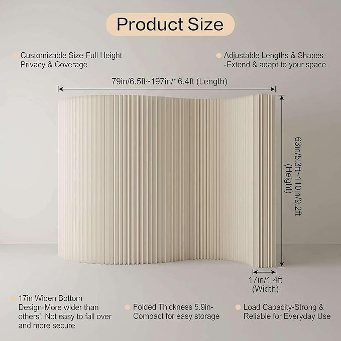 Folding Paper Room Divider Panel, Portable Partitions Wall Divider for Room Separation, Retractable Accordion Privacy Screens for Dorm Studio Office, Easy for Use and Store, Versatile Shapes, White