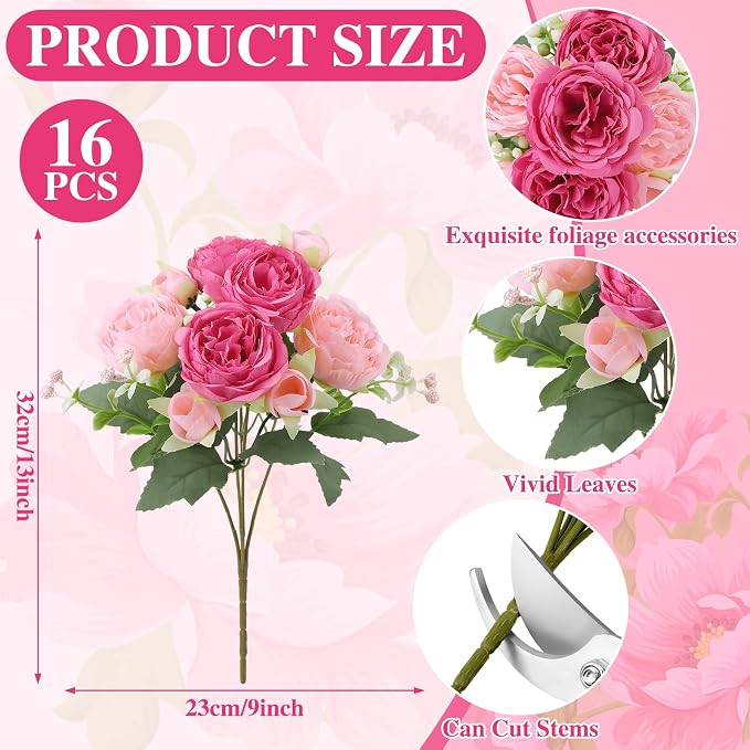 16 Pack Pink,Hot Pink Peonies Artificial Flowers,Fake Silk Hydrangea Bouquet for Bridal Wedding Home Table Decor Reusable Dining Opening Ceremony Birthday Arrangement Faux Floral
