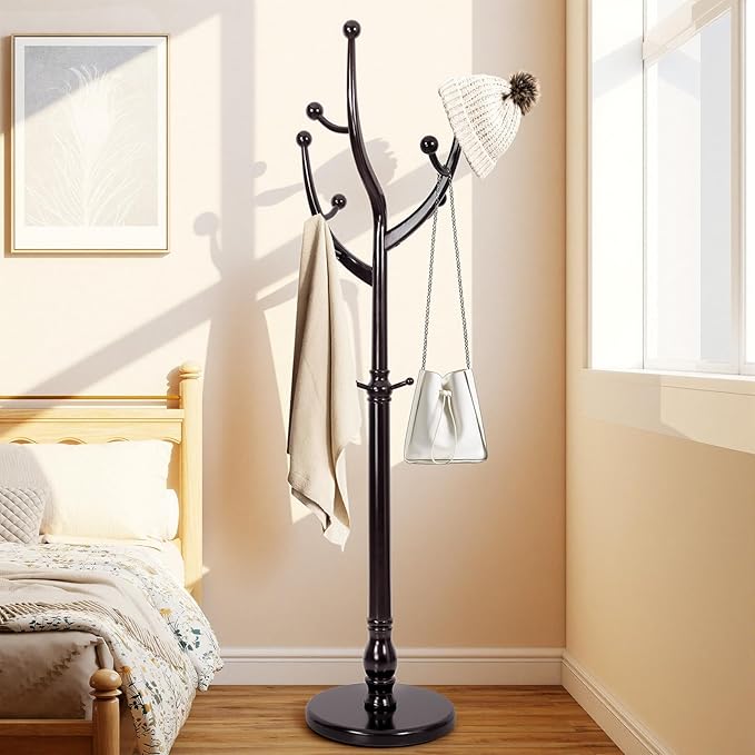 Freestanding Rubberwood Coat Rack, 11 Hooks & 16.5" Wide Round Base, Wooden Coat Rack Stand, Coat Hanger Free Standing Hall Tree for Entryway, Hallway, Bedroom, Jacket, Clothes (Wine Red)