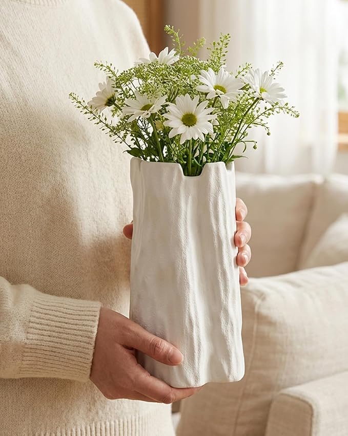7.5 Inch White Ceramic Vase, Organic Nature Shape, OOSTONEE Boho Nordic Modern Style Small Flower Vase, Shelf, Home, Living Room, Coffee Table Centerpiece, Ceramic vases for Home Decor