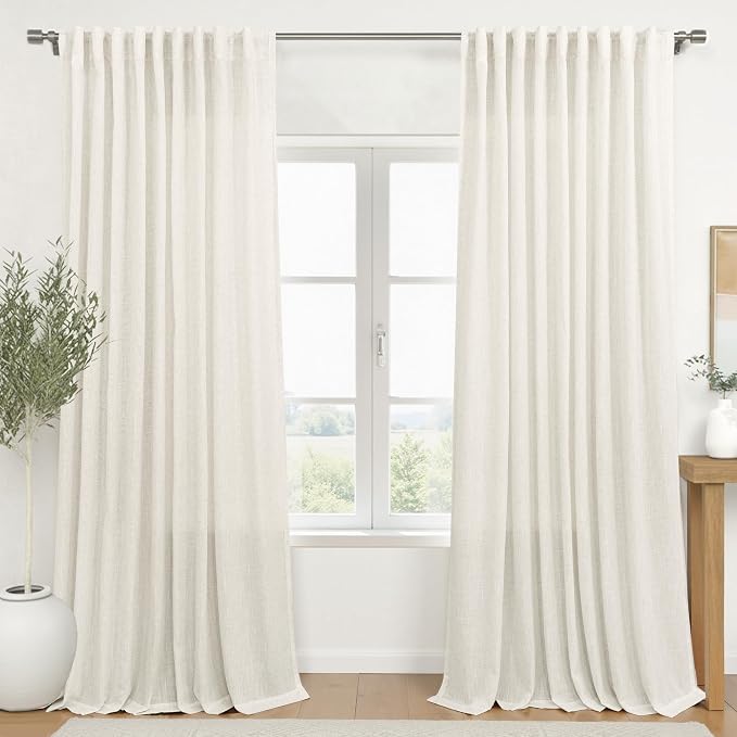 KOUFALL Living Room Curtains 72x108 Inches Long,Extra 72 Inch Wide Linen Sheer Pleat Curtain Drapes 108 Inch Length 2 Panels Set,Cream