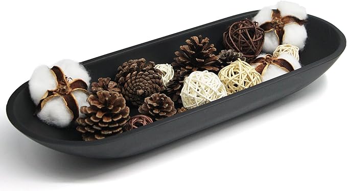 LIN CHUAN Large Decorative Bowl for Home Decor - Long Dough Bowl with Anti Slip Base for Table Centerpieces - Black Minimalist Design Dough Decor Bowl for Coffee Table, Dining Table Centerpiece