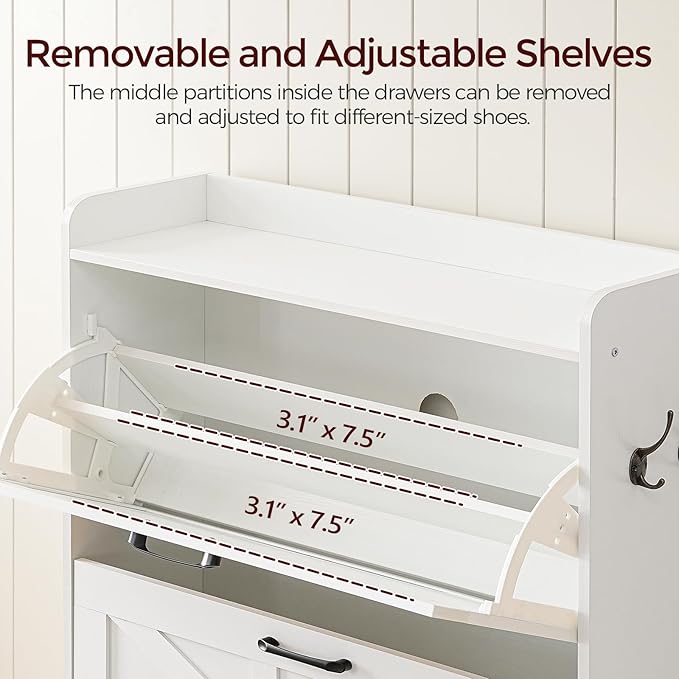 MAHANCRIS Shoe Storage Cabinet, Shoe Organizer with 2 Flip Drawers, Hidden Shoe Storage for Entryway, Freestanding Organizer with Open Storages, White SHWT9401