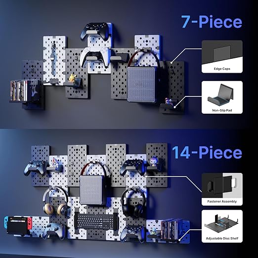 PEGZONE Controller and Headphone Holder Wall Mount, Modular Gaming Pegboard with Accessories, Controller Stand for Xbox PS5 PS4 Switch, Video Game Storage, Disc Shelf, 7pcs Pegboard, Black & White