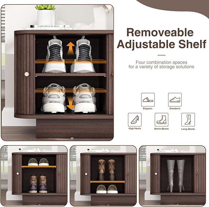 AKMAKM 31.5" W Sliding Door Shoe Storage Bench, Small Entryway Shoe Cabinet with Adjustable Shelf, Space-Saving Wooden Low Cabinet for Hallway, Living Room, Apartment, Dorm, Walnut