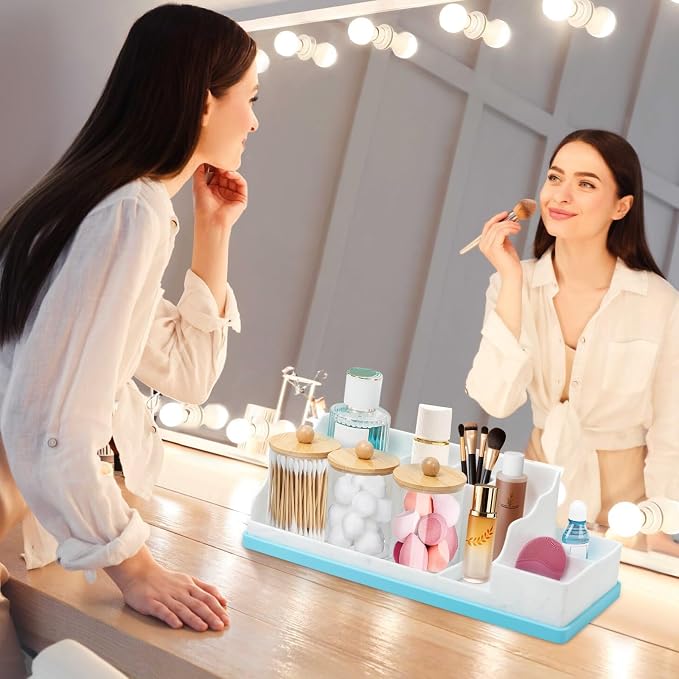 Bathroom Counter Organizer, Large Silicone Toothbrush Holders for Bathrooms with 3PCS Qtip Holder, Detachable Bathroom Organizer Countertop Toothbrush and Toothpaste Holder Makeup Organizer for Vanity