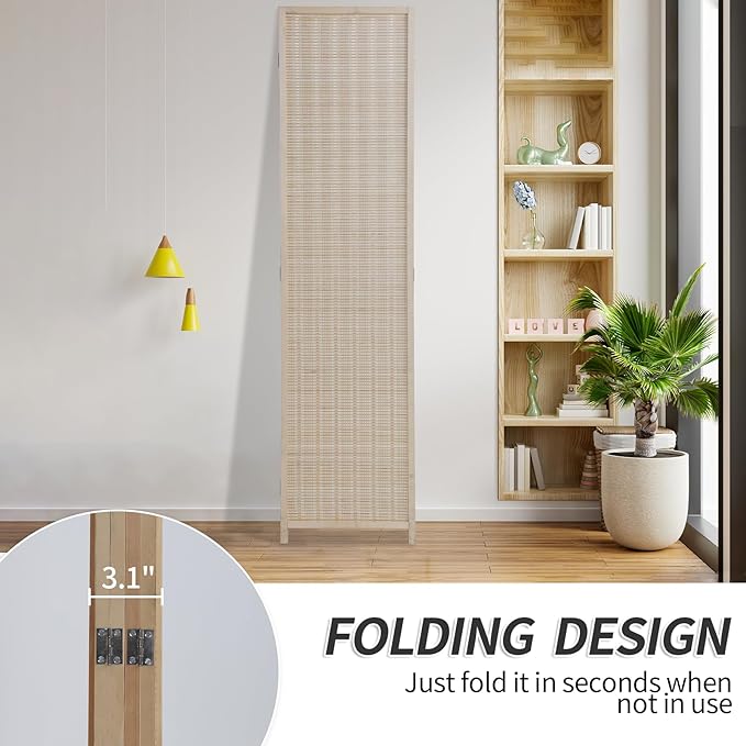 Room Dividers and Folding Privacy Screens, 4 Panel 72 Inch Tall Fold Up Portable Room Partition Divider, Handwork Bamboo Mesh Woven Design Wall Divider Freestanding for Bedroom, Livingroom(Natural)