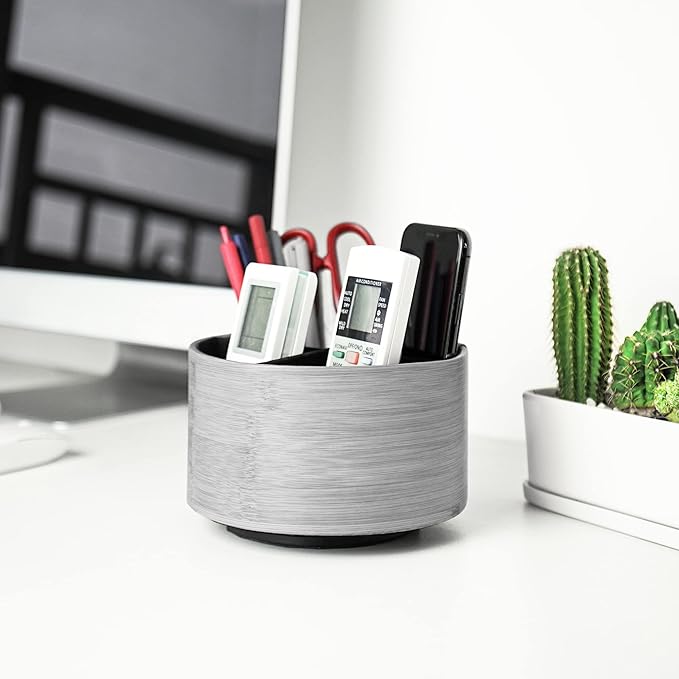 Round Leather Art Supply Organizer,Remote Control Holder,360 Degree Spinning,Multi-Functional Pencil Holder,4 Compartments Desktop Stationary Organizer(1-Light Grey2)