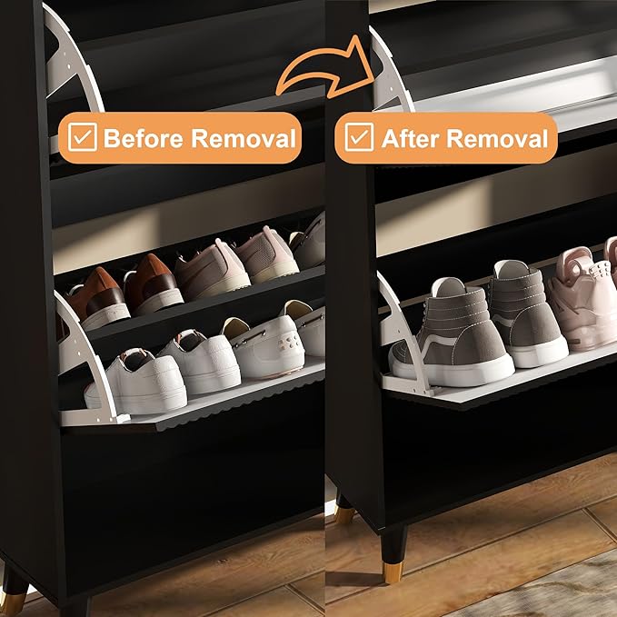 Shoe Cabinet Storage for Entryway: 32" Black Narrow Shoe Organizer Cabinet with 2 Flip Drawers, Modern Hidden Shoes Rack for Front Door Entrance (Black, 2 Drawers)