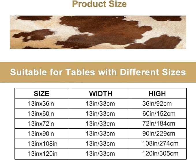 Cow Print Table Runner,Farmhouse Western White Brown Cowhide Pattern Table Runner for Coffee Table Dining Room Table Bedroom Party Holiday Decor 13x90inch