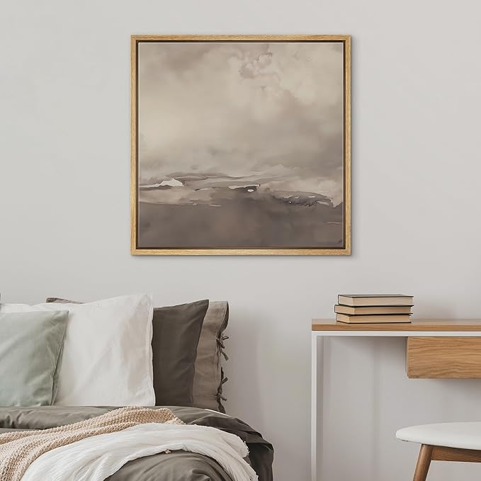 SIGNWIN Framed Canvas Print Wall Art Cloudy Sky Neutral Soft Beige Atmospheric Landscape Illustration Modern Art Decorative Nordic Minimal Calm/Zen for Living Room, Bedroom, Office - 24"x24" Natural