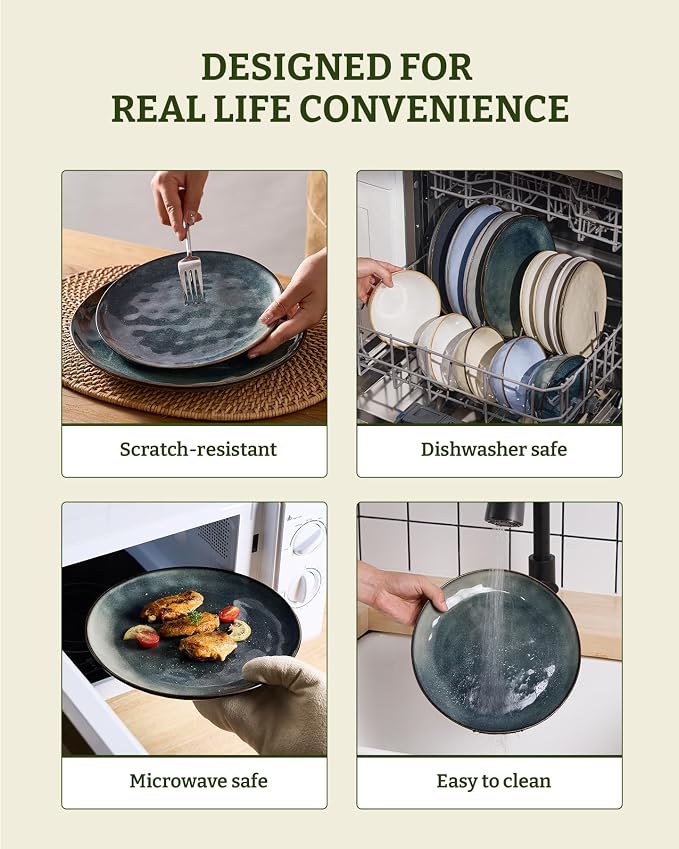 Famiware Dinnerware Sets for 8, Ocean Round 24-Piece Kitchen Plates and Bowls Sets, Microwave and Dishwasher Safe, Scratch Resistant, Deep Forest