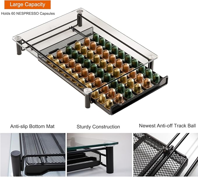 SEVENLINE Crystal Tempered Glass Coffee Pod Storage Drawer Compatible with Nespresso OriginalLine Capsules Holder 60 Original Line Pods Holds Kitchen Organizer