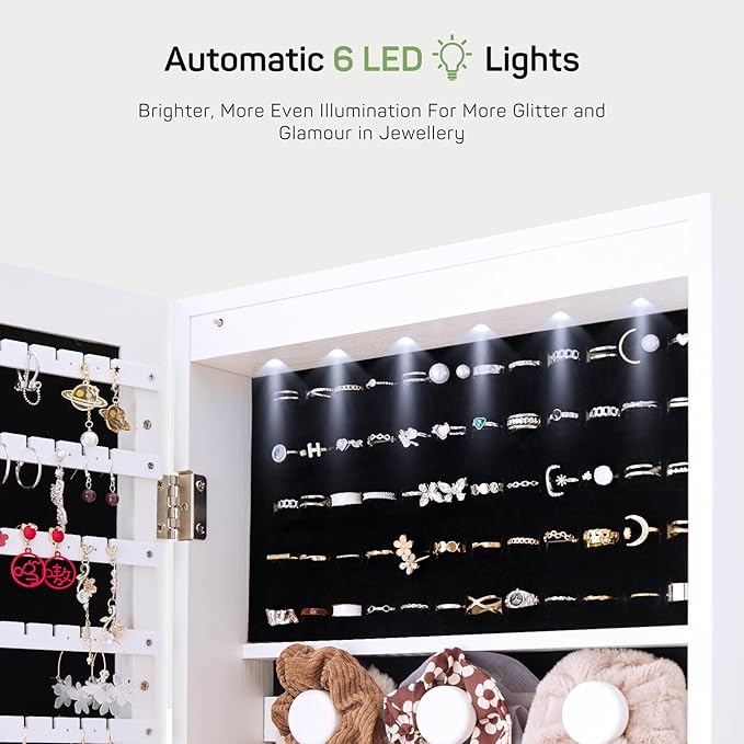 Jewelry Organizer Cabinet, 47.2-Inch Lockable Jewelry Armoire with Full-Length Mirror, Wall or Door-Mounted, Large Storage with 6 LEDs, 3.85" D x 14.25" W x 47.24" H, White