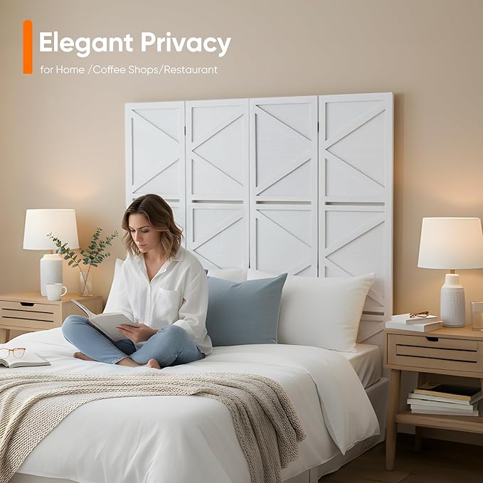 Modern Room Divider with Shelves, White X-Shape Design Folding Partition, 4-Panel Contemporary Freestanding Divider for Bedroom&Office, 67" H x 64" W