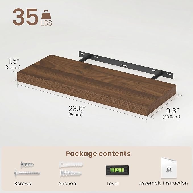 Vivelove Walnut Floating Shelves for wall, 24 Inch Wall Display Shelves with Invisible Brackets, for Bathroom Living Room Kitchen Bedroom Office Farmhouse Home Decor, 24X9.3X1.5 - Set of 2, Walnut